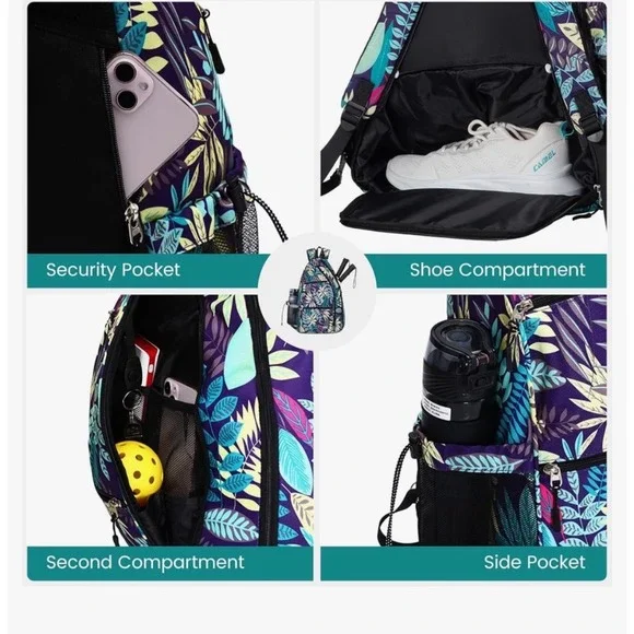 Sucipi Pickleball Bag Sling Backpack Tropical Leaf Purple Multi New XL9011070 - Picture 4 of 9